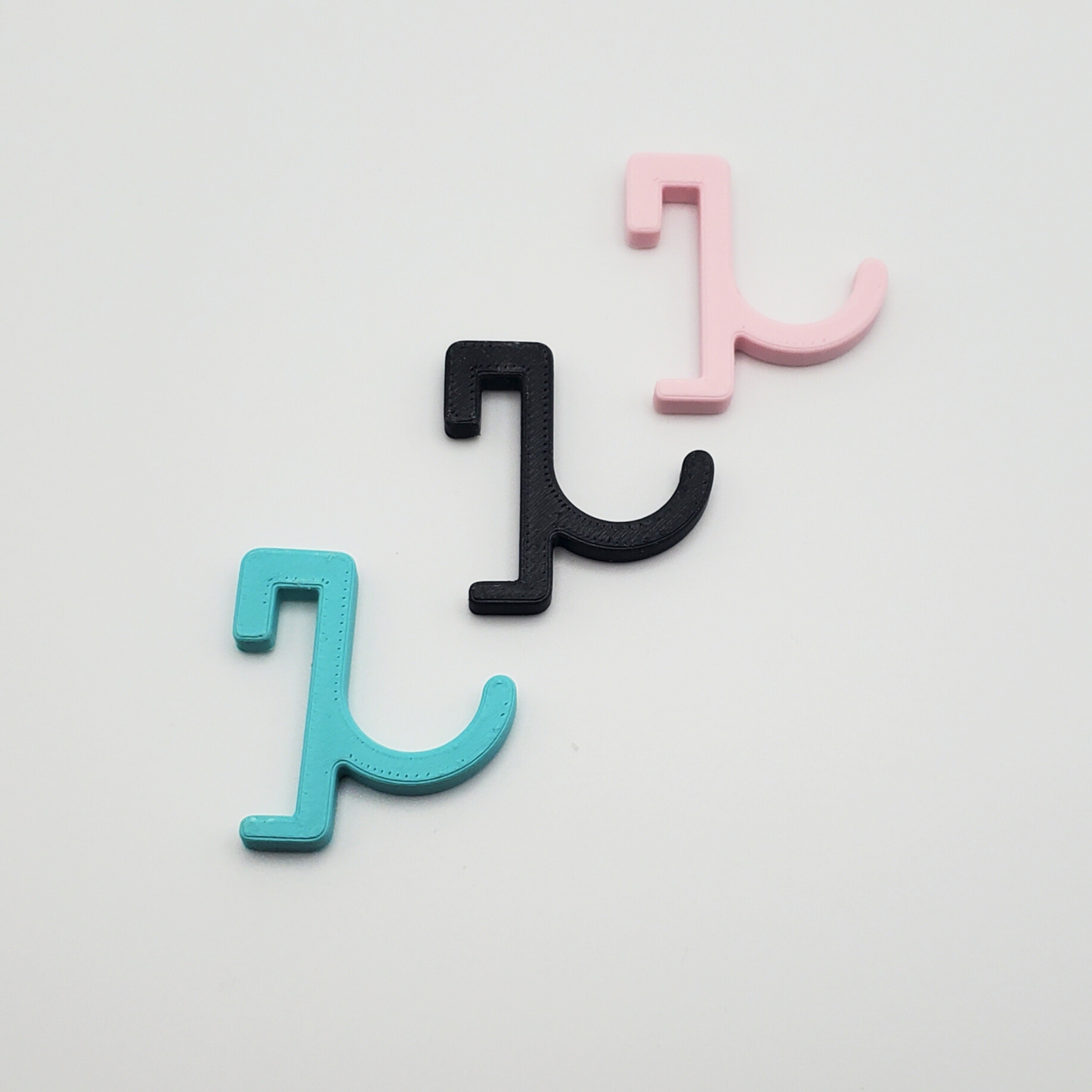 Light Pink, Charcoal Black, and Teal J-hook Side profiles