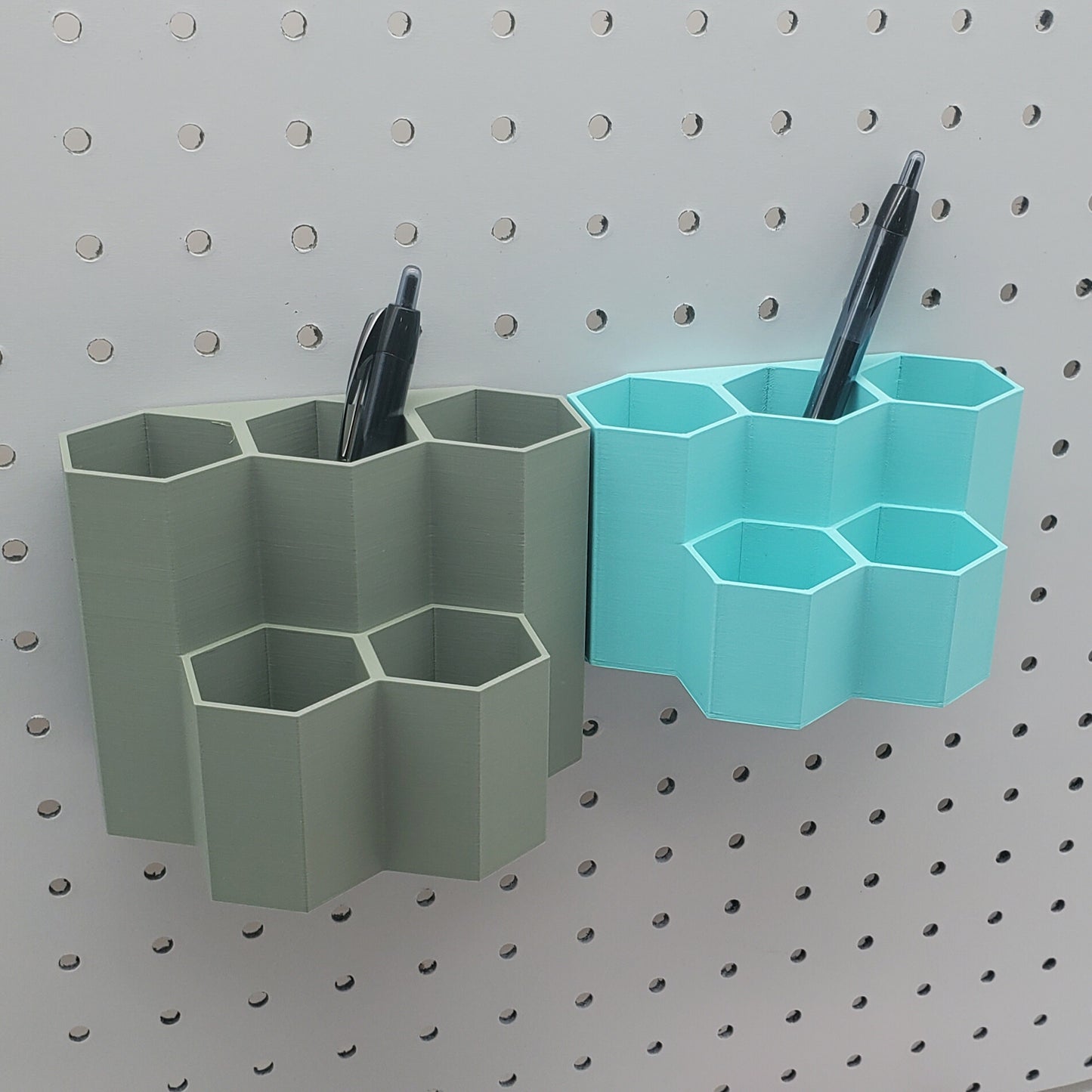 Small Teal 5 Hex, and Tall Muted Green 5Hex bin on a 1/4" Pegboard.