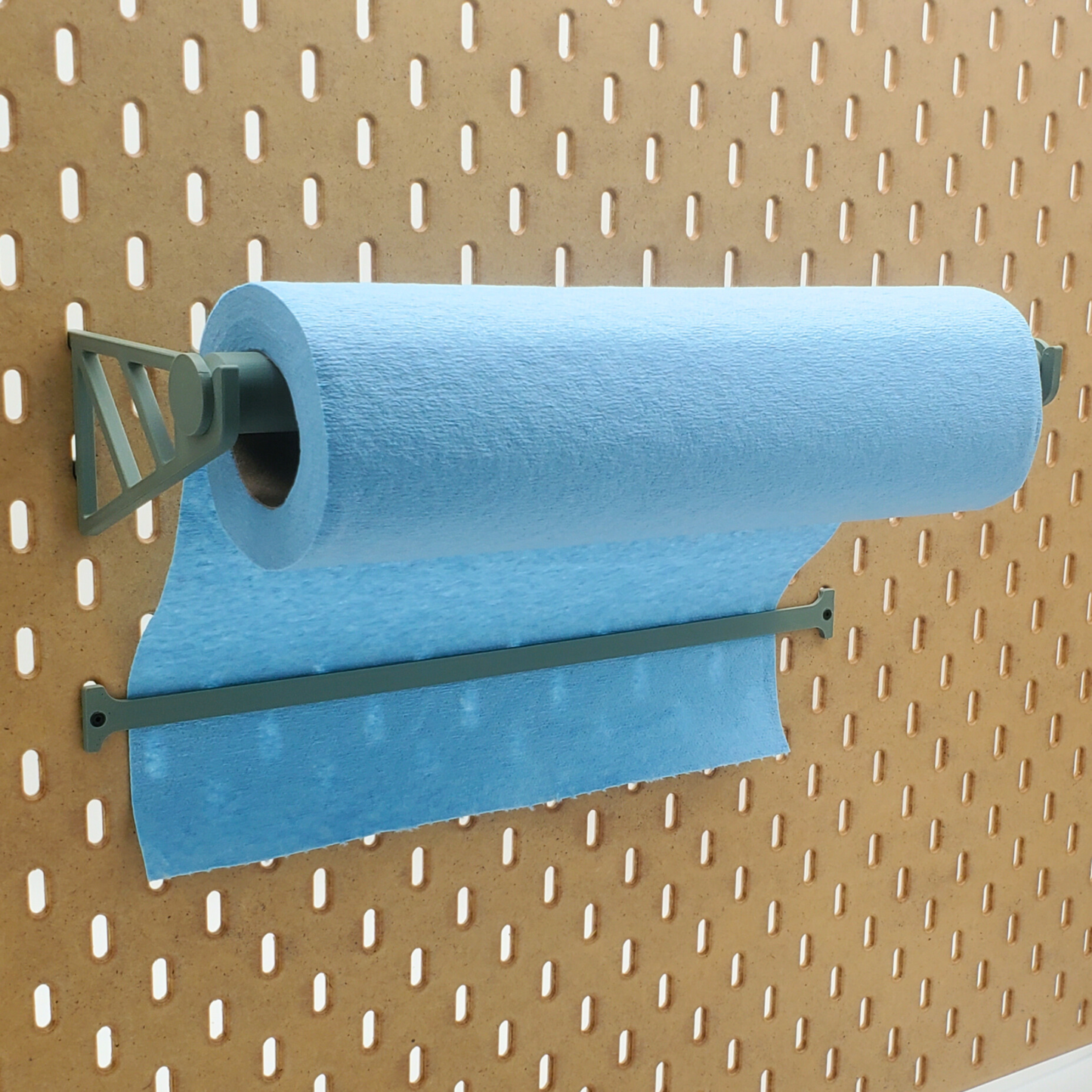 Muted Green Paper Towel Holder with Optional Tear Off station on Ikea Pegboard