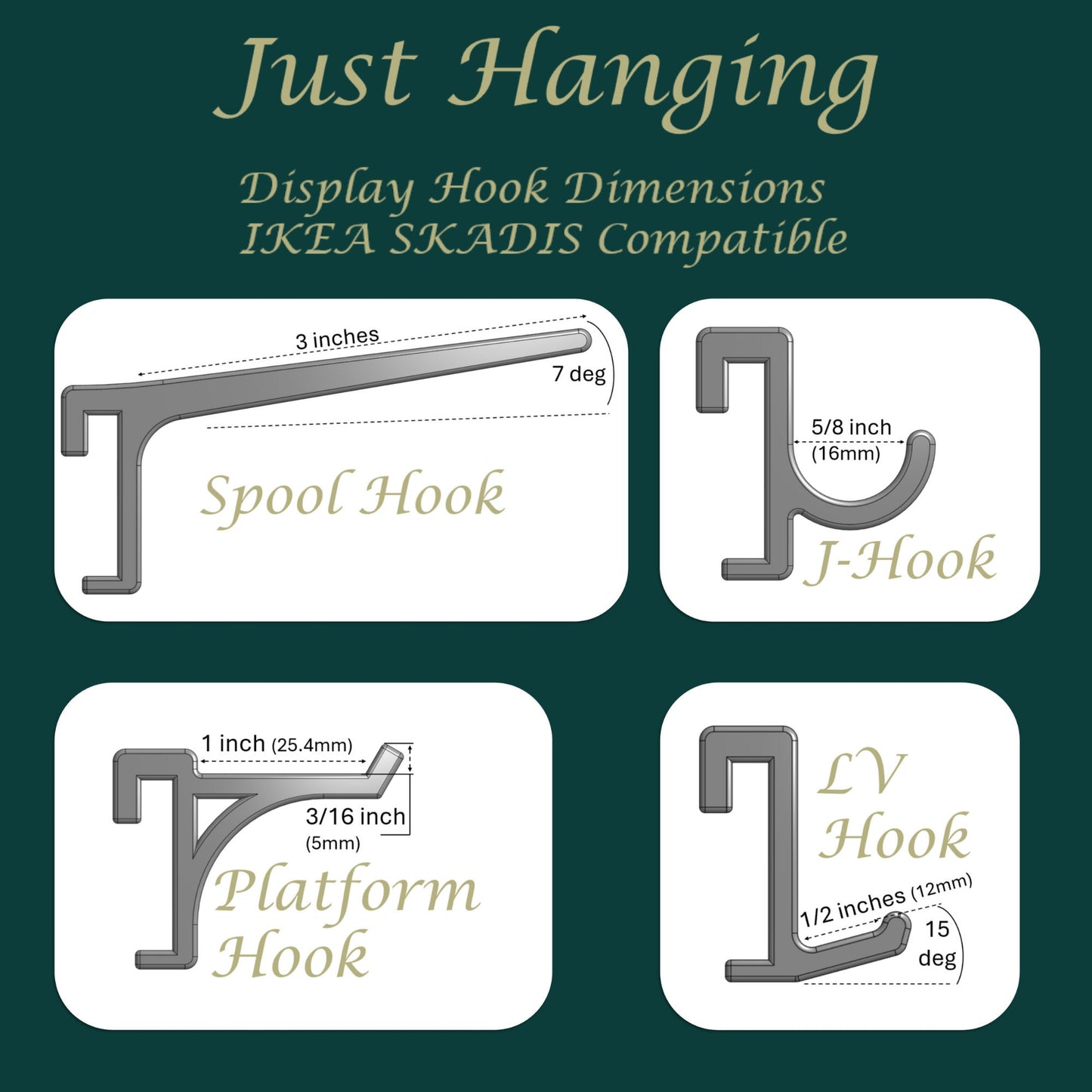 Display Hook Size chart for IKEA SKADIS Pegboard compatible hooks