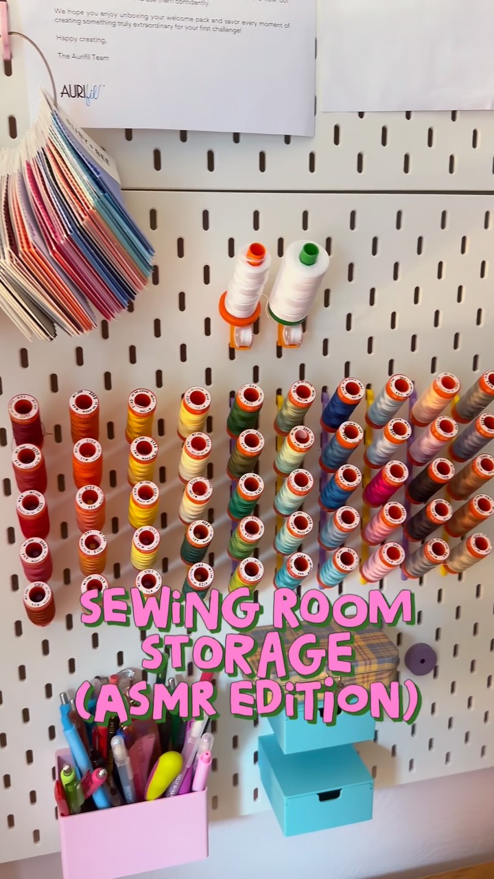 Sewing room storage setup by Lorna (@fridaysewco) using IKEA SKADIS pegboard with thread spools