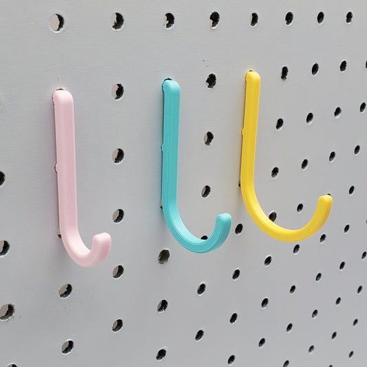Light Pink, Teal, and Savannah Yellow J-Hooks for 1/4" Pegboards