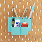 Tall Square Tiered Pen and Pencil Organizer in Teal on IKEA SKADIS pegboard with pens.