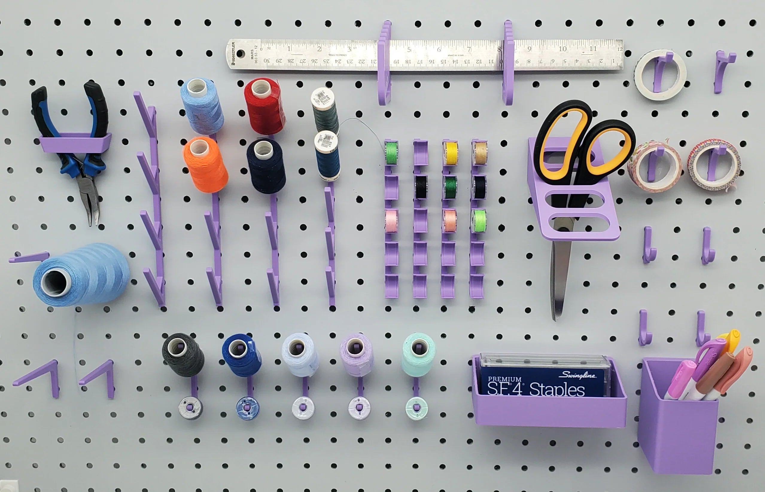 Medium Sewing Organizer Kit in Lavender Purple on 1/4" pegboard with sewing supplies and tools.