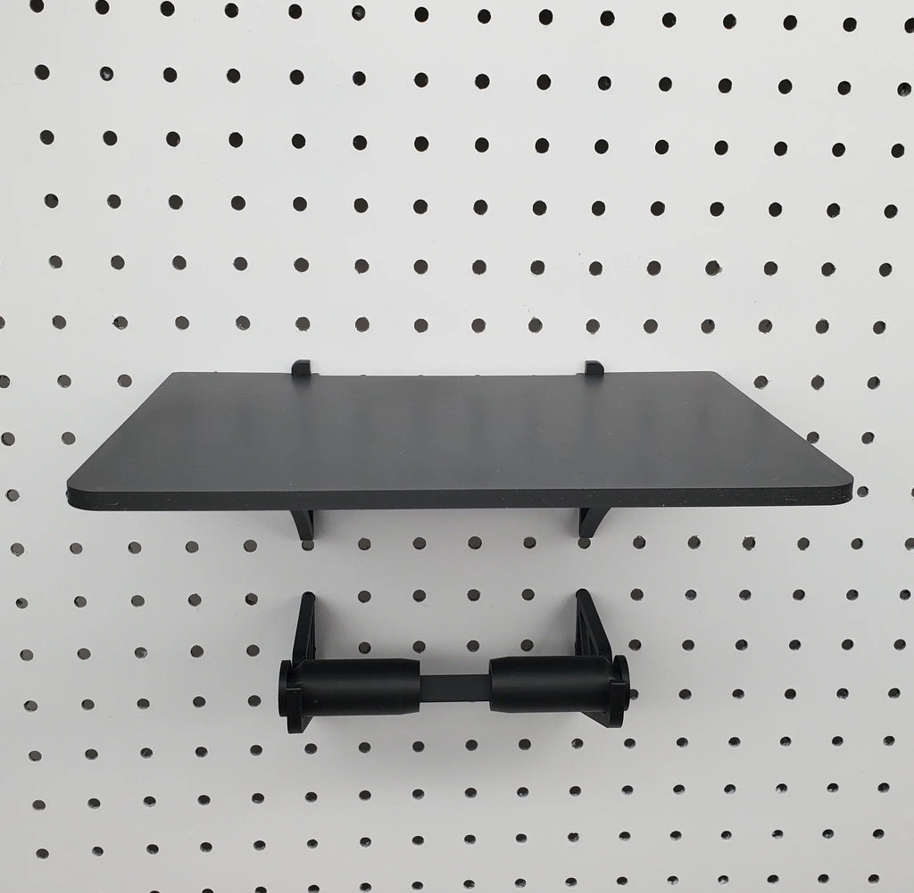 Label Printer Stand and Roll Hooks in Charcoal Black on 1/4" pegboard.