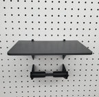 Label Printer Stand and Roll Hooks in Charcoal Black on 1/4" pegboard.
