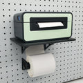 Roll Hooks Detail with Label Printer Stand in Charcoal Black on 1/4" pegboard.