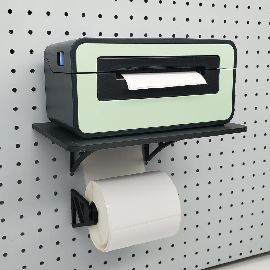 Roll Hooks Detail with Label Printer Stand in Charcoal Black on 1/4" pegboard.