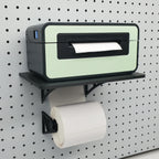Roll Hooks Detail with Label Printer Stand in Charcoal Black on 1/4" pegboard.