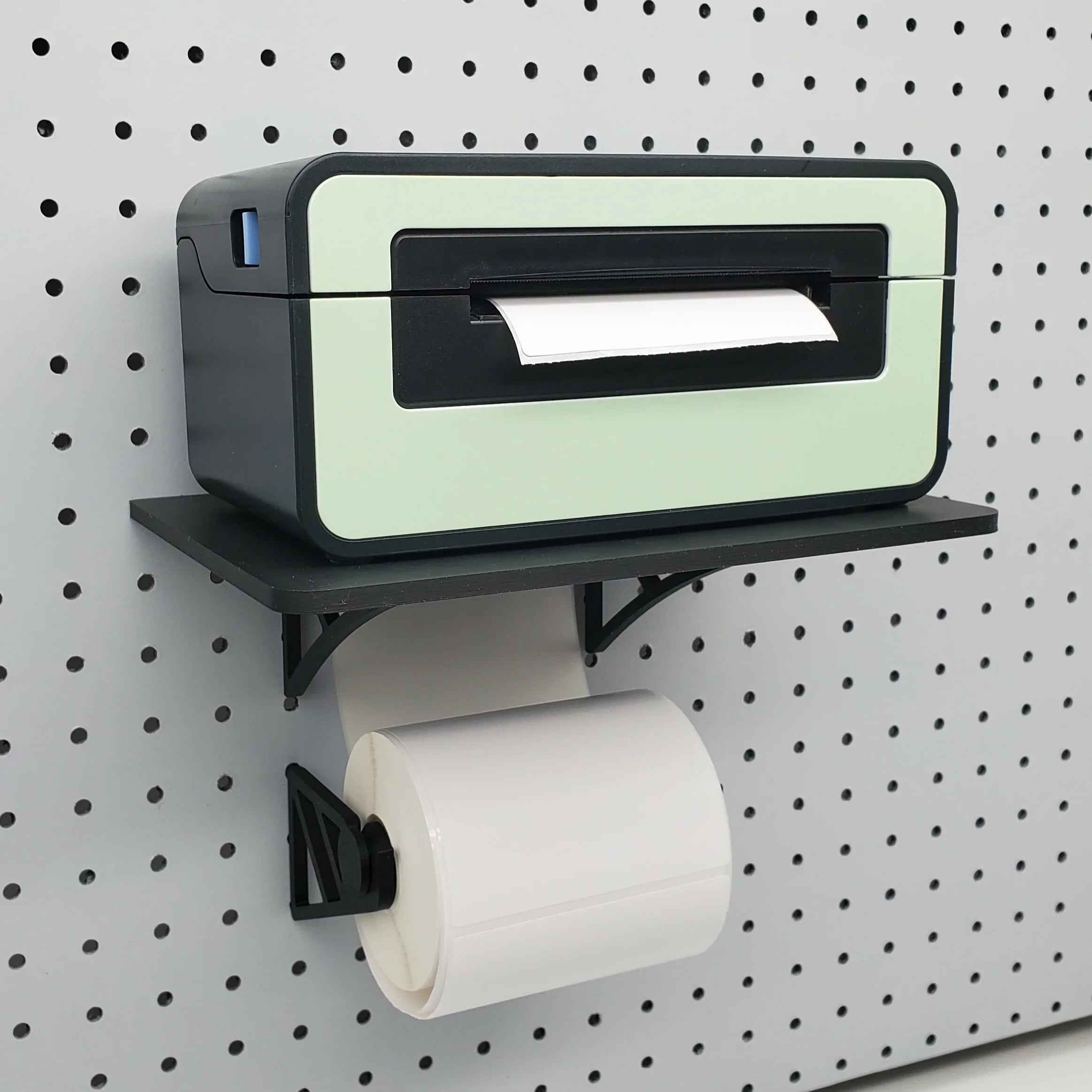 Roll Hooks Detail with Label Printer Stand in Charcoal Black on 1/4" pegboard.