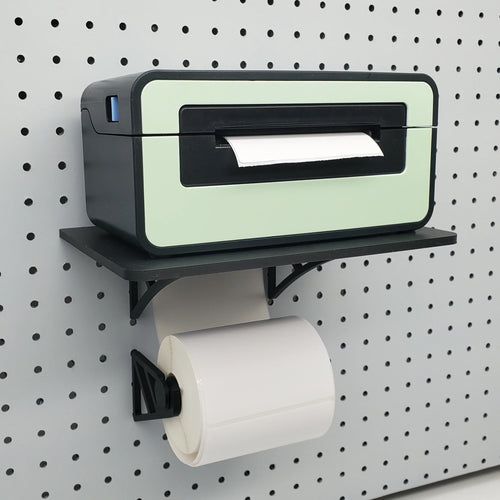 Roll Hooks Detail with Label Printer Stand in Charcoal Black on 1/4" pegboard.