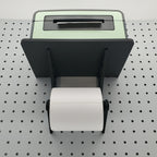 Roll Hooks Detail with Label Printer Stand in Charcoal Black on 1/4" pegboard.