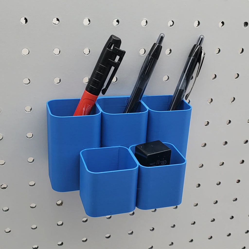 Square Tiered Pen and Pencil Organizer in Sapphire Blue on 1/4" pegboard with pens.