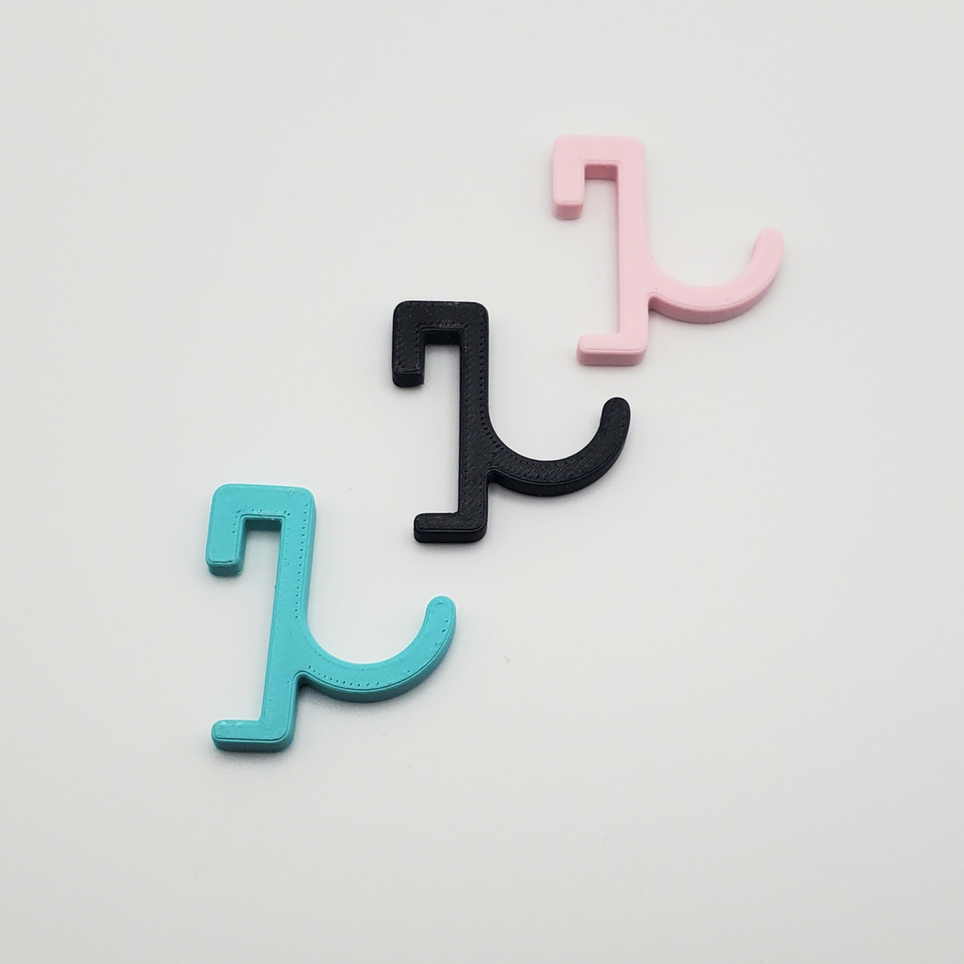Light Pink, Charcoal Black, and Teal J-hook Side profiles