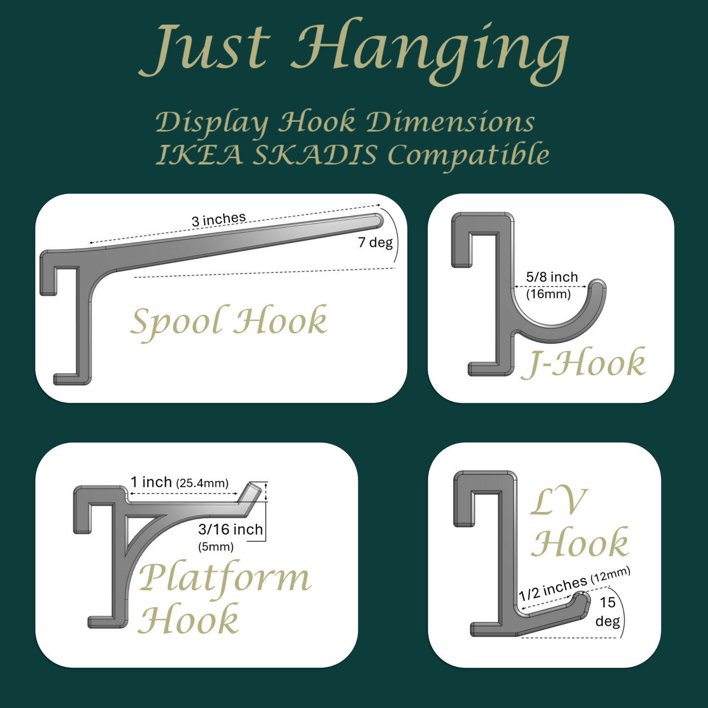 Dimensions of our Display hooks series of SKADIS compatible hooks