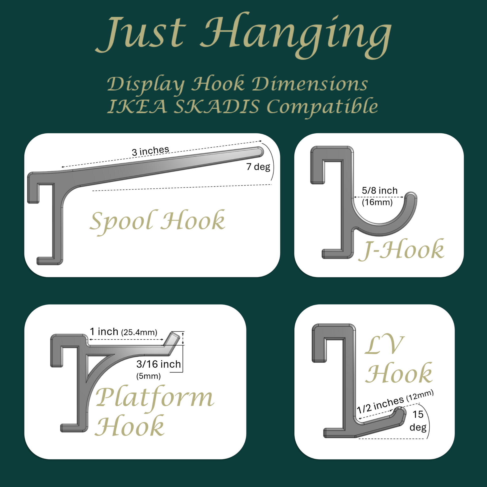 Dimensions of our Display hooks series of SKADIS compatible hooks