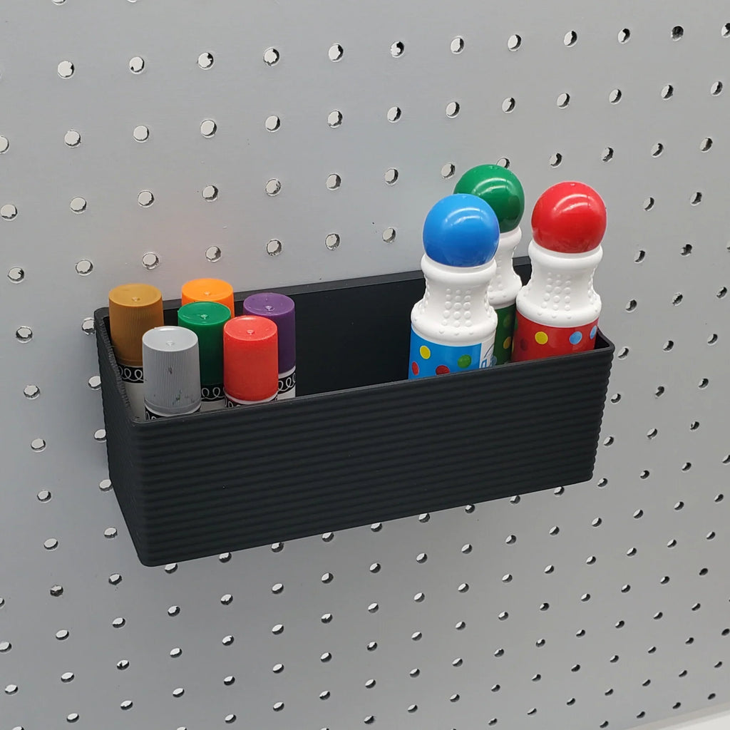 Striped Tall Bin in Charcoal Black on 1/4" pegboard.