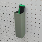 Large Square Bin in Muted Green on 1/4" pegboard with pens.