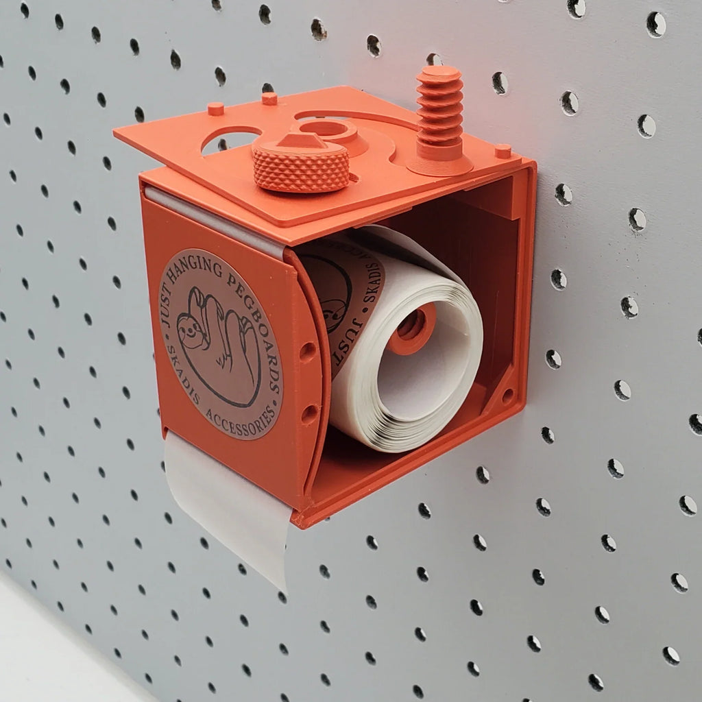 Label Dispenser in Sunrise Orange on 1/4" pegboard.