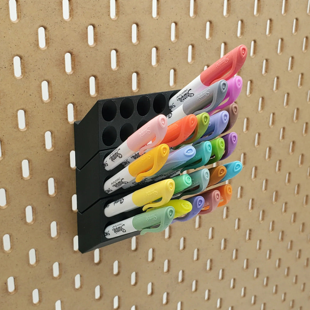 Sharpie Organizer in Charcoal Black on IKEA SKADIS pegboard with colorful Sharpies.
