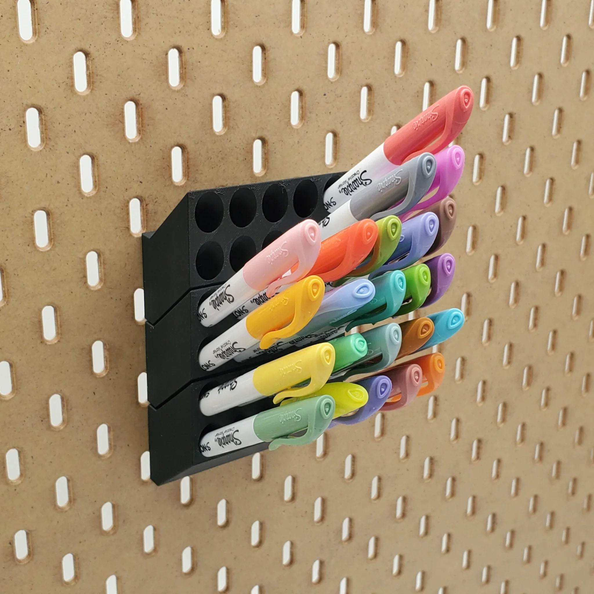 Sharpie Organizer in Charcoal Black on IKEA SKADIS pegboard with colorful Sharpies.