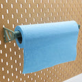Paper Towel Holder in Muted Green on IKEA SKADIS pegboard with blue shop towels.