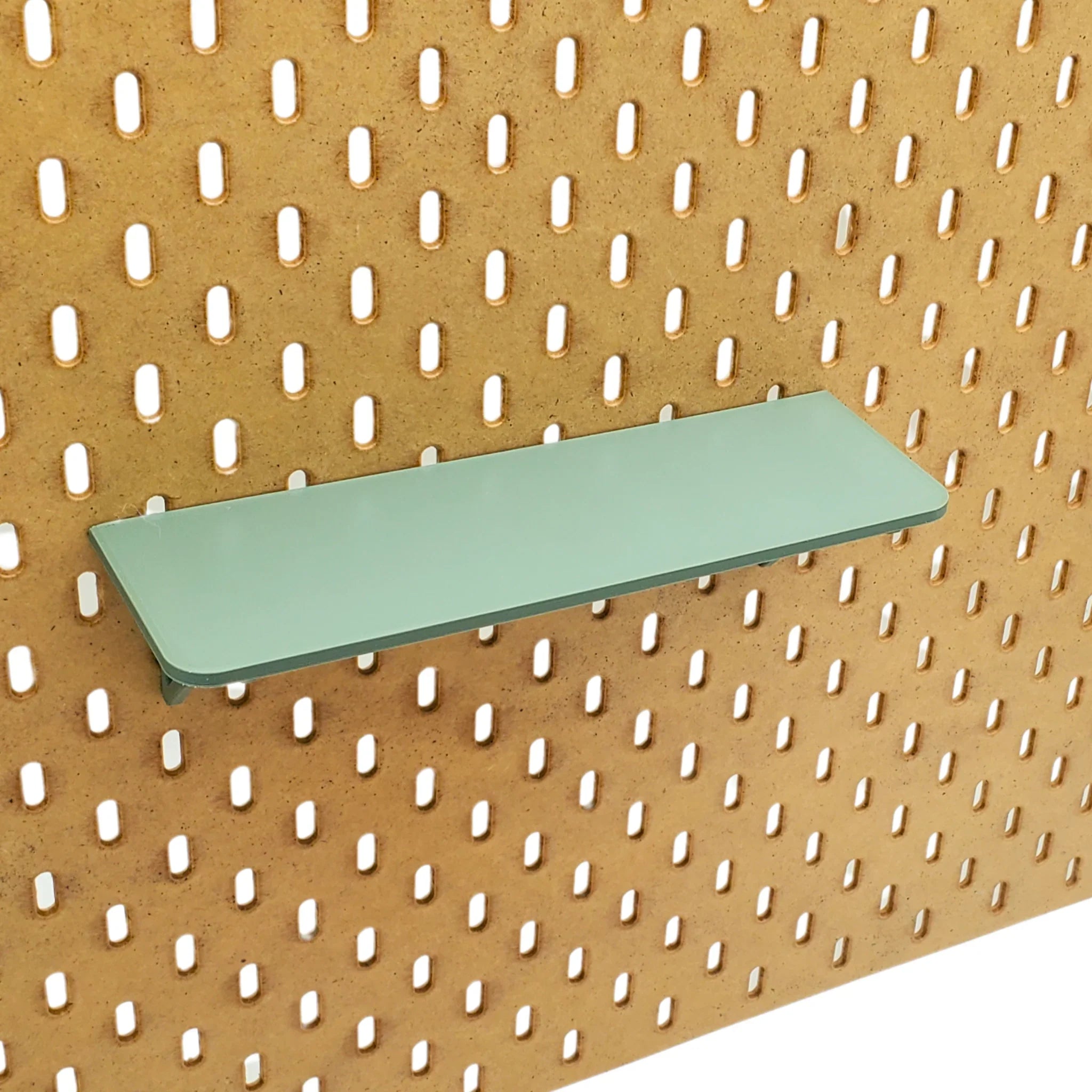 Extra Large Shallow Shelf in Muted Green on IKEA SKADIS pegboard.