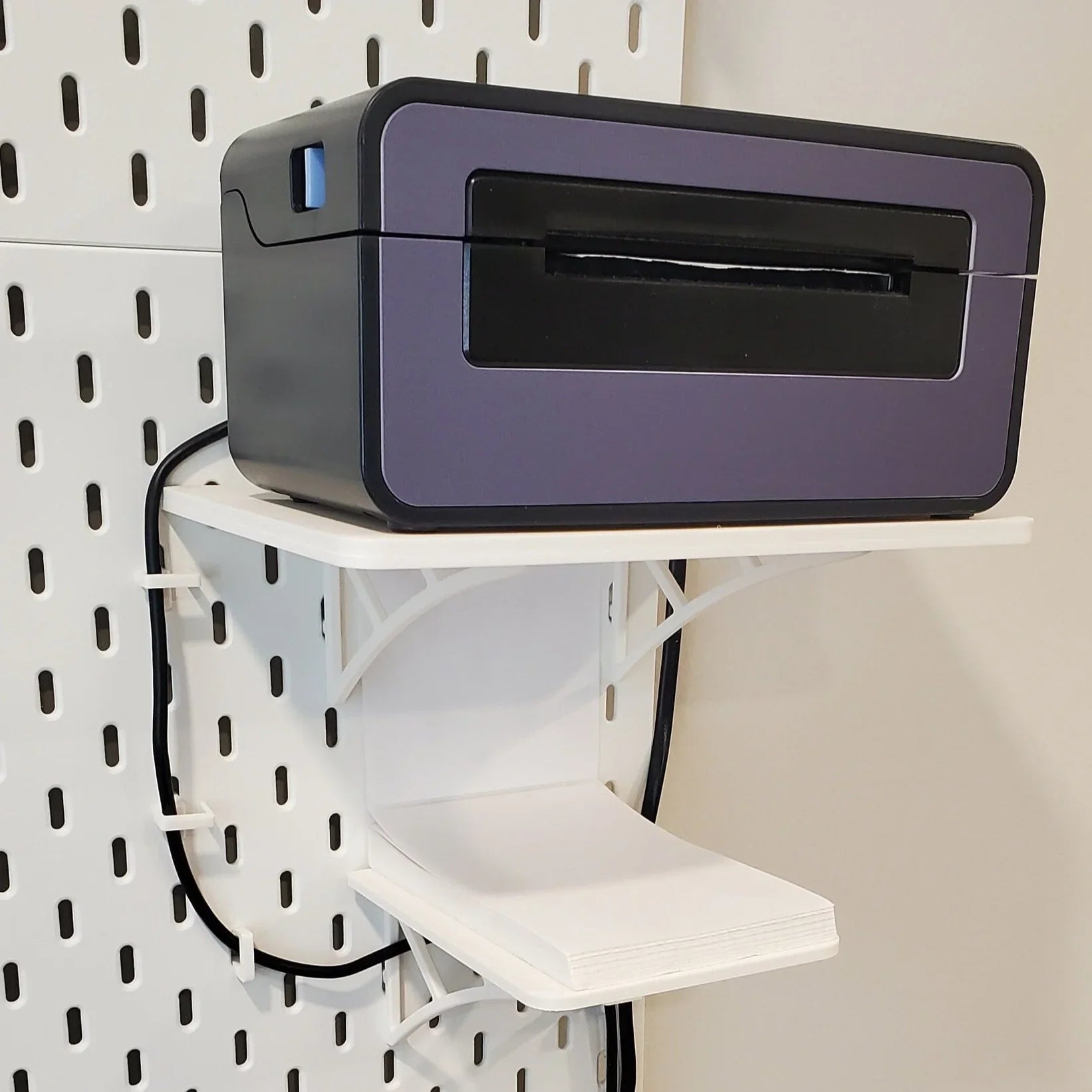 Label Printer Stand and Fan-Fold Holder in Cotton White on IKEA SKADIS pegboard with thermal printer and fan-fold labels.