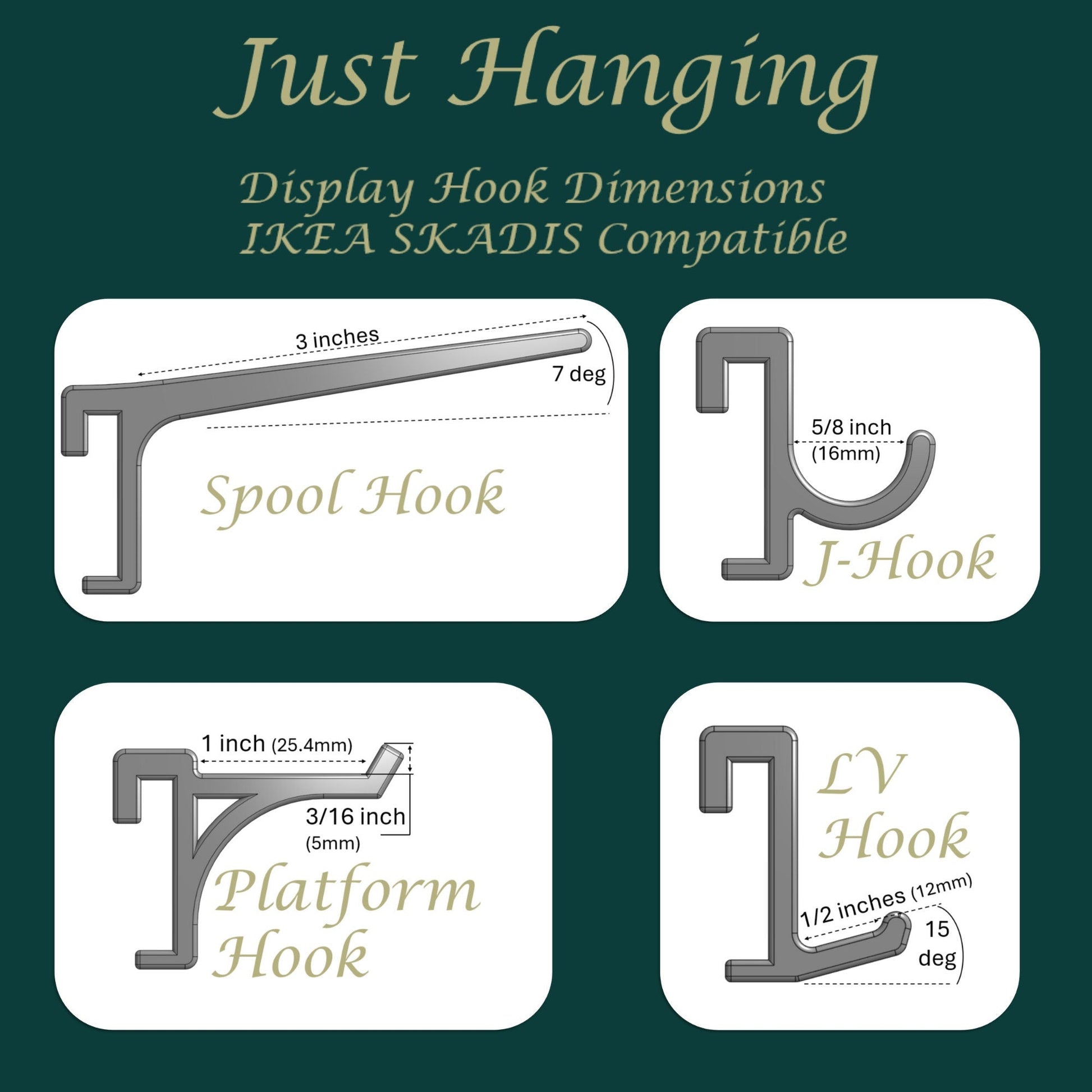 Display Hook Size chart for IKEA SKADIS Pegboard compatible hooks